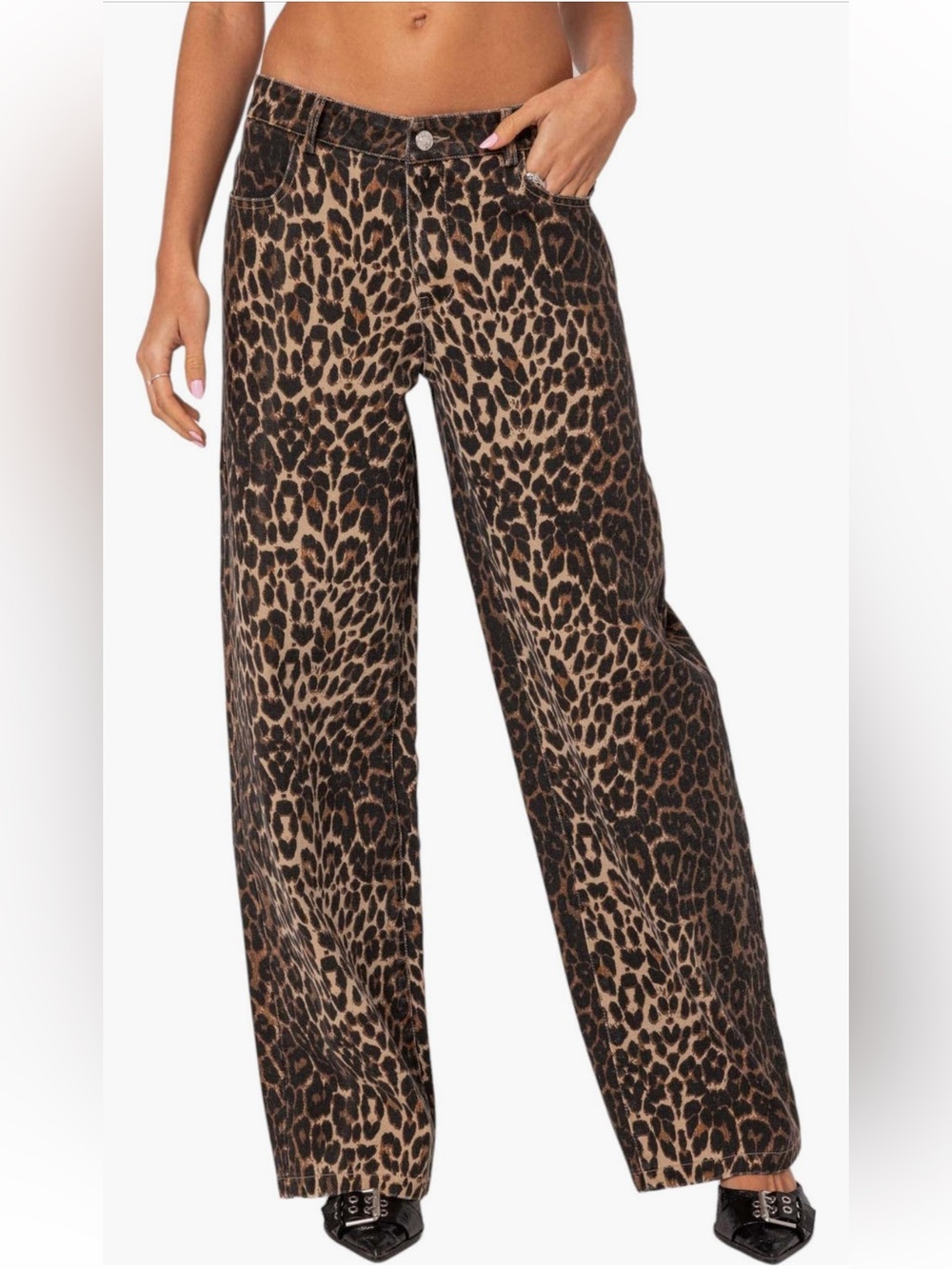 Edikted Leopard Print Straight Leg Pants - Brown/Black size S